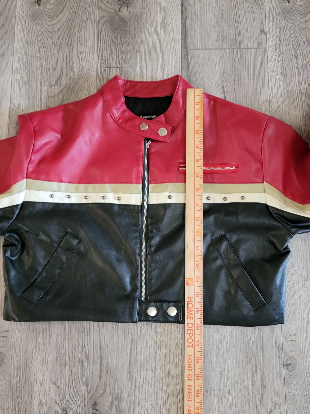 Red Black Faux Leather Short Jacket Streetwear Snap Zipper Stand Neck Outerwear - Picture 8 of 9
